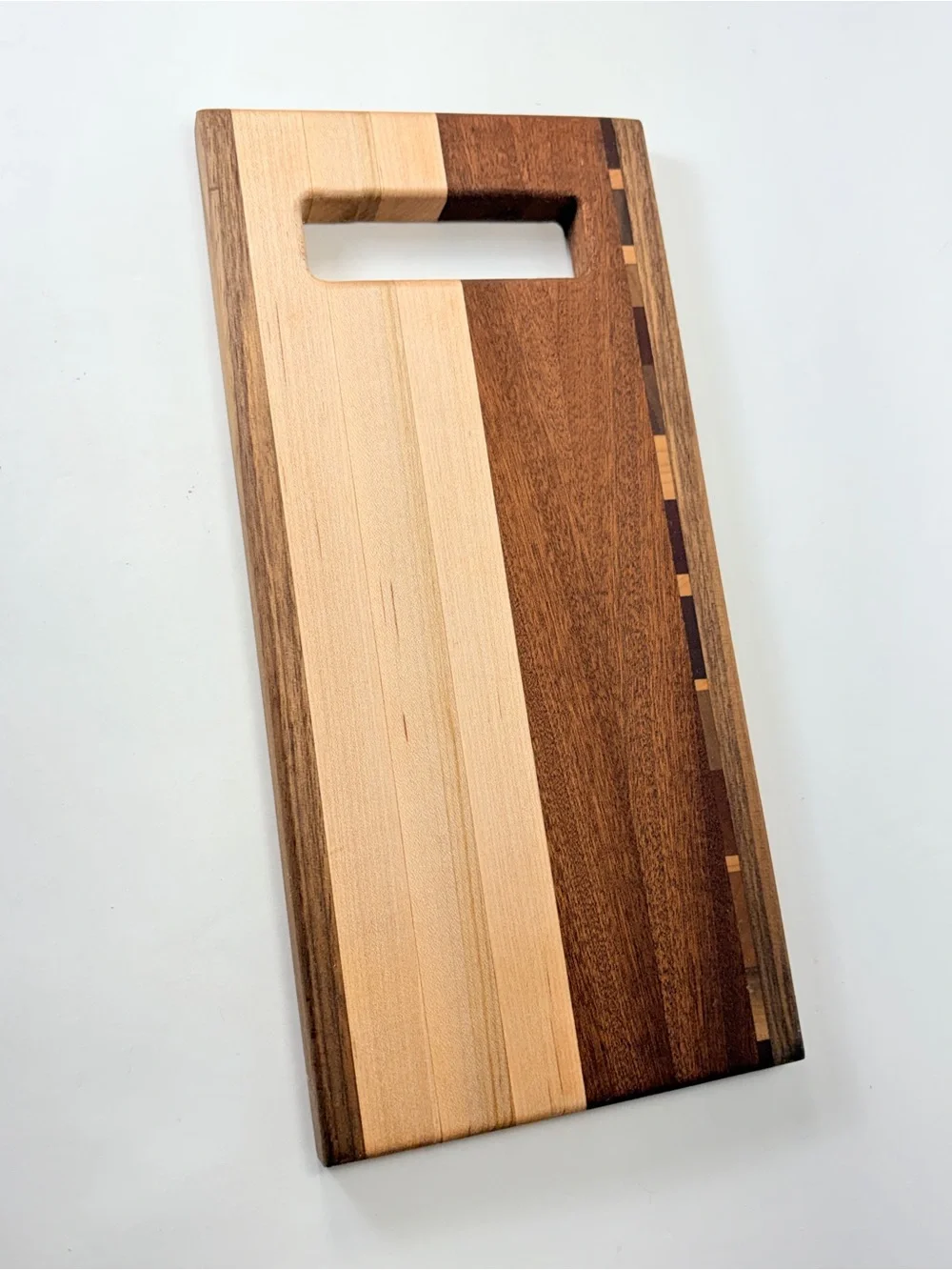 Wood Serving or Cutting Board with Built-In Handle Muilti Tone Wood Inlay
